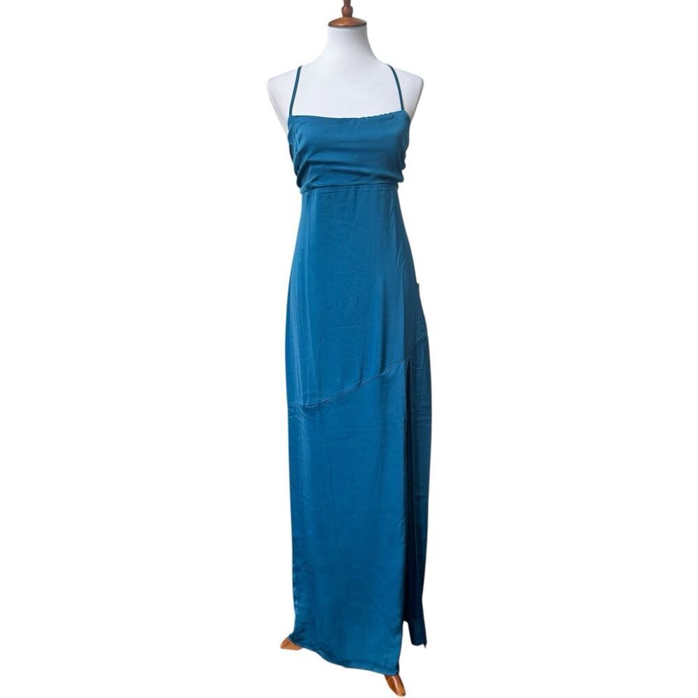 Lulu’s Elegant Vision Teal Blue Satin Sleeveless Maxi Drop Seam Dress Size XL